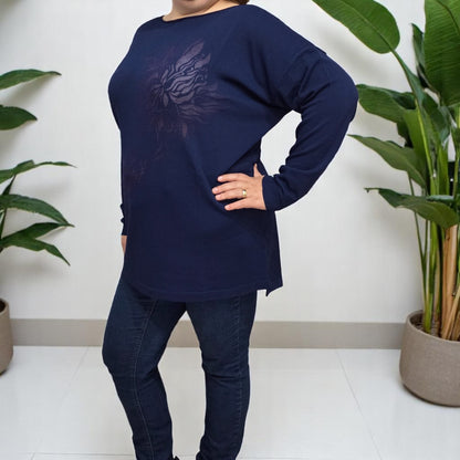 3886 - MAGLIA A MANICHE LUNGHE CON STAMPA FIORI DEVORE'