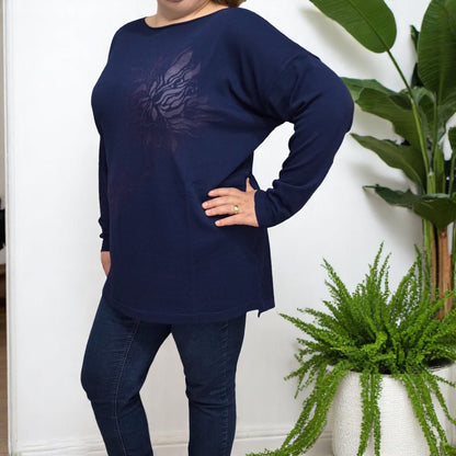 3886 - MAGLIA A MANICHE LUNGHE CON STAMPA FIORI DEVORE'